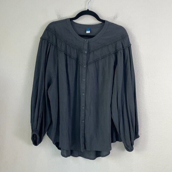 Old Navy Womens XL Gray Button Up Blouse Boho Long Sleeve Shirt Top - Picture 1 of 9